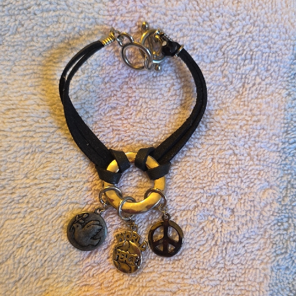 Black and Gold Peace Charm Bracelet